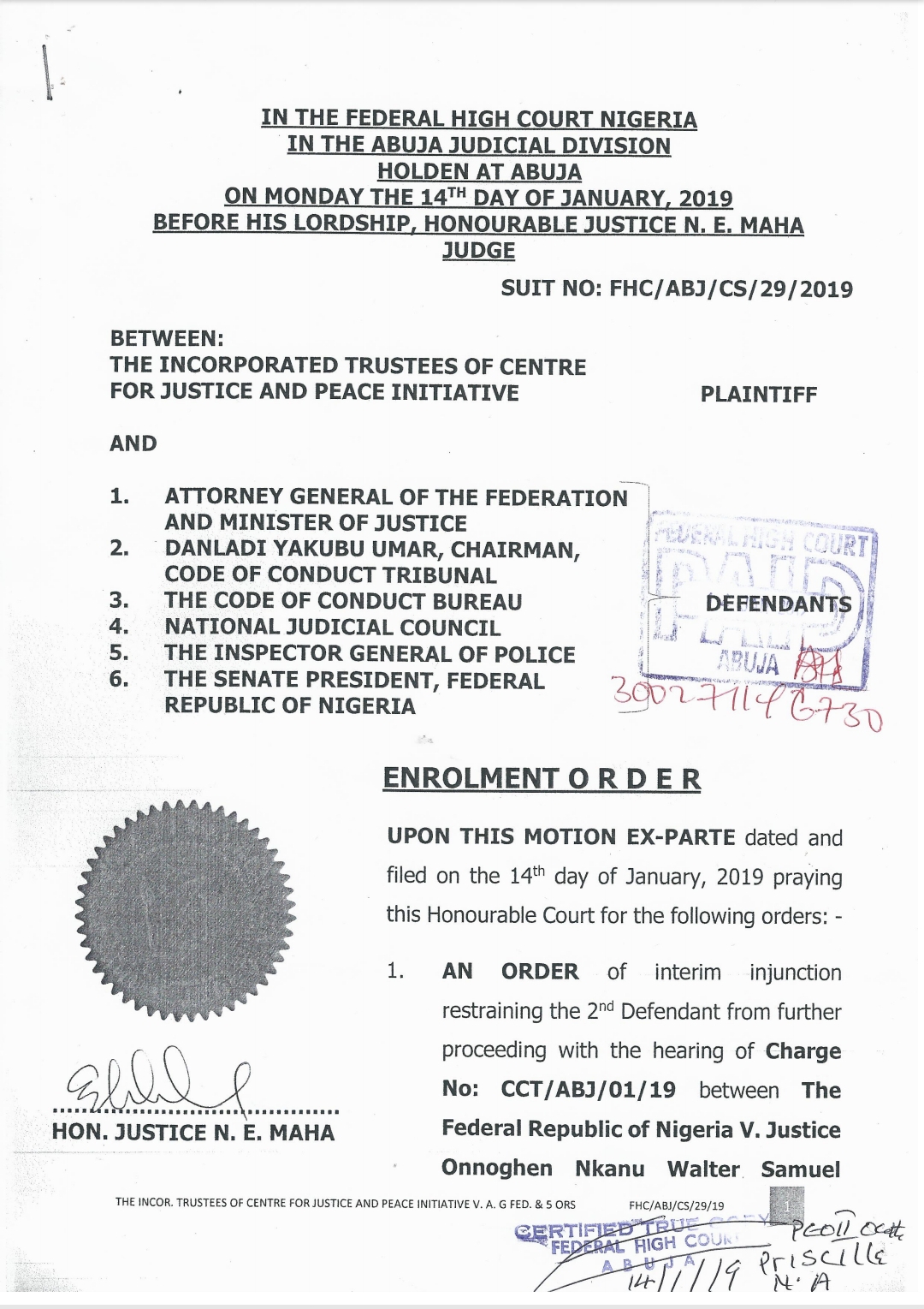 Court Order Directing The CCT To Stay Proceedings In The Matter Against Tne CJN